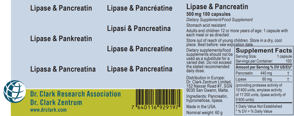 Lipase & Pancreatin, 500 mg 100 capsules